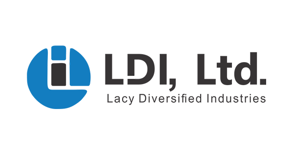 LDI有限公司标志采用蓝色圆形图标，配以简化的黑白几何图形，其旁为醒目的黑色文字"LDI, Ltd."及标语"Lacy多元化产业集团"。