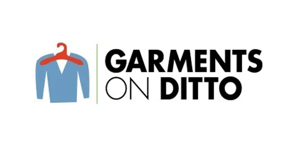Logo featuring a blue garment on a red hanger next to bold black text reading “Garments on Ditto” on a white background.