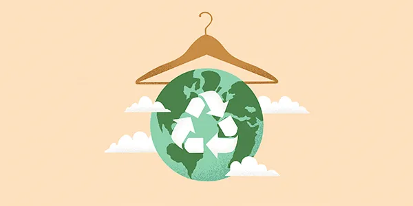 Illustration of a wooden hanger holding a green Earth with a white recycling symbol, surrounded by fluffy white clouds on a beige background.