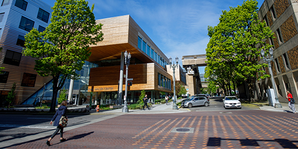 University campus common area for students with trees and buildings