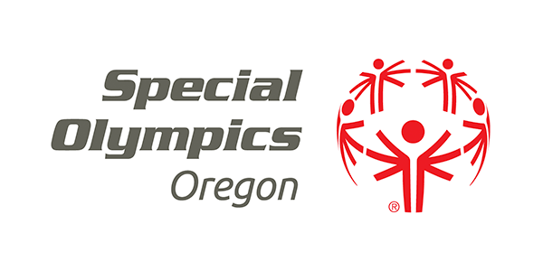 Special Olympics Oregon logo featuring gray text and a red emblem with stylized human figures forming a circle.