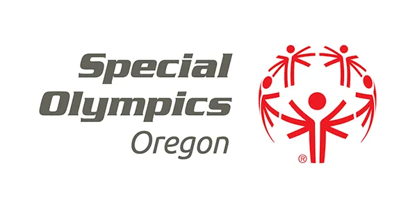 Special Olympics Oregon logo featuring gray text and a red emblem with stylized human figures forming a circle.