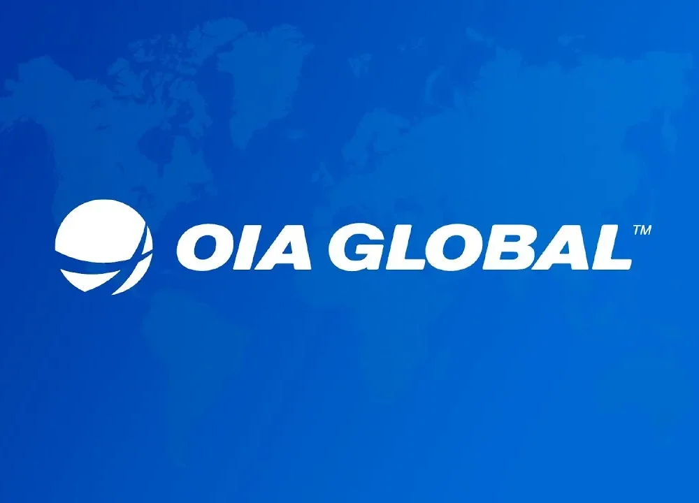 OIA Global logo in white text with a globe icon on a blue background featuring a subtle world map design.