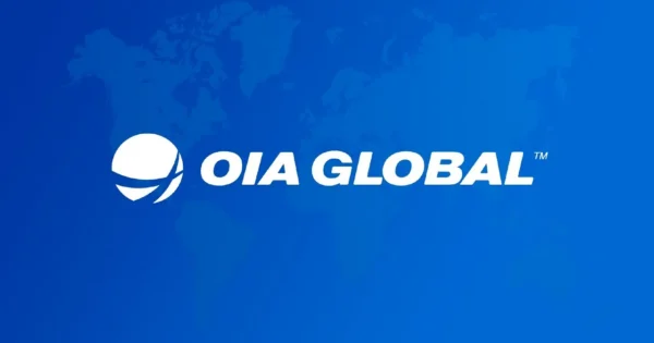 OIA Global logo in white text with a globe icon on a blue background featuring a subtle world map design.