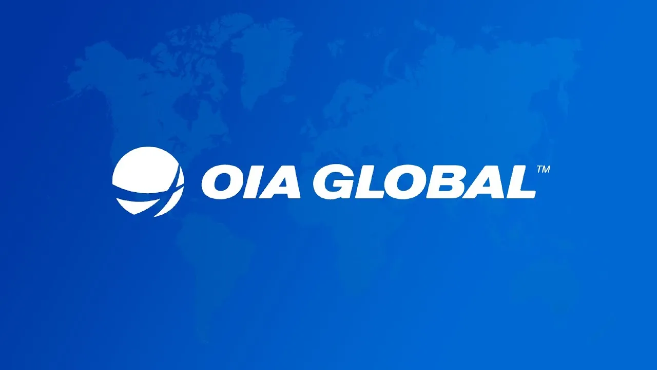 OIA Global logo in white text with a globe icon on a blue background featuring a subtle world map design.