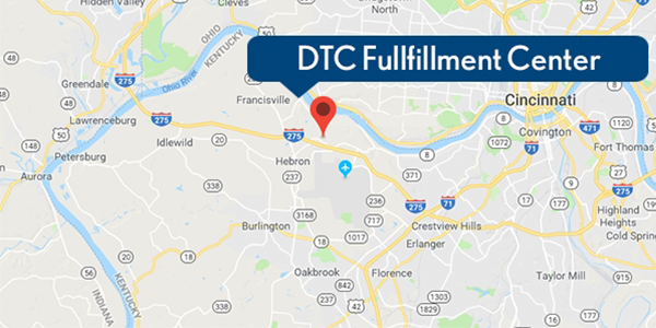 Fulfillment center location pin on a digital map.