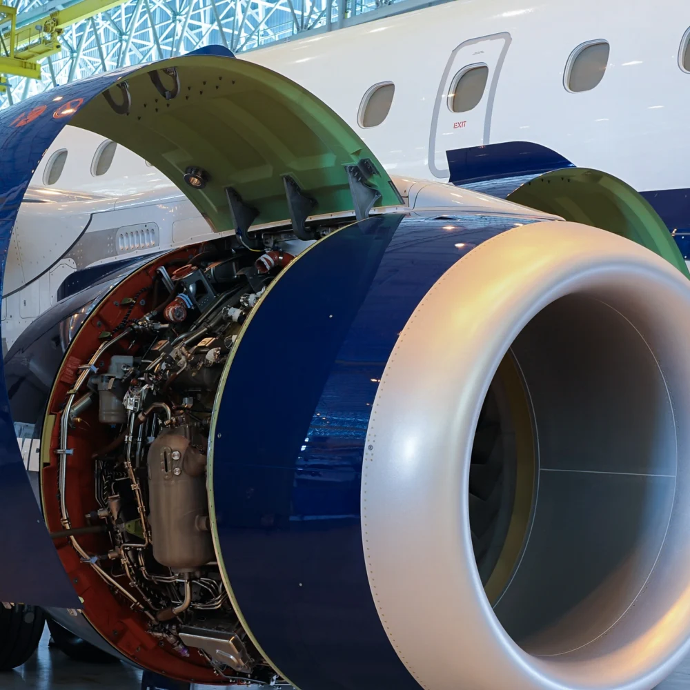Aircraft engine with open nacelle undergoing inspection and maintenance inside an aviation hangar.