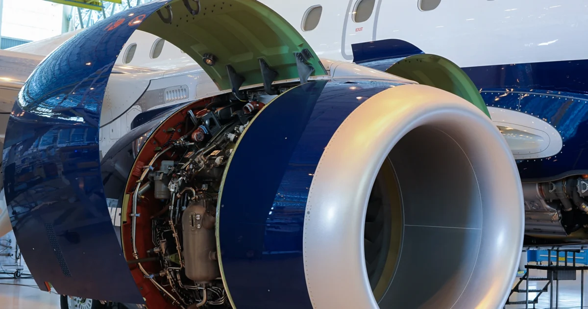 Aircraft engine with open nacelle undergoing inspection and maintenance inside an aviation hangar.