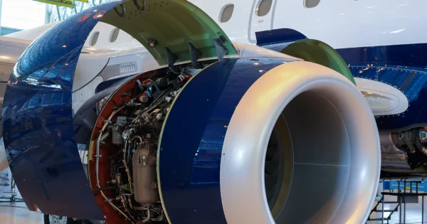 Aircraft engine with open nacelle undergoing inspection and maintenance inside an aviation hangar.