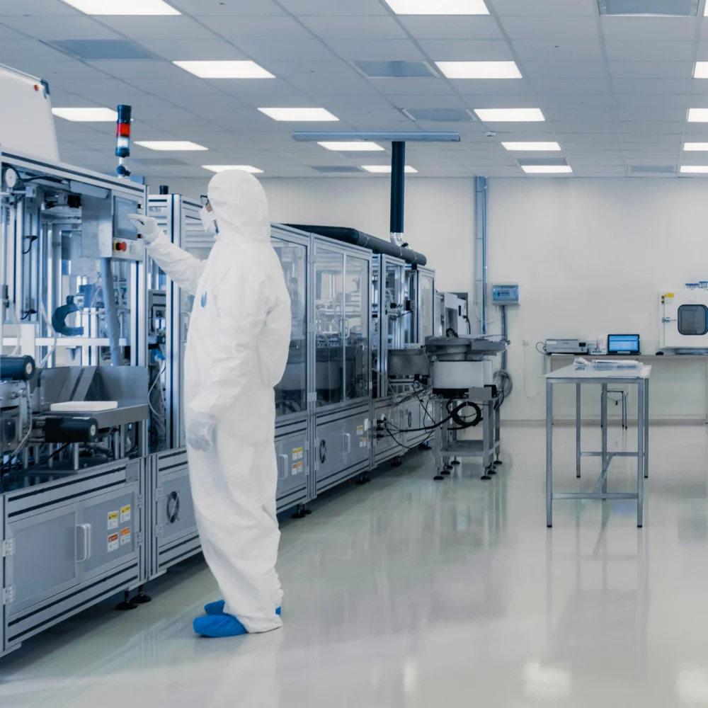 Cleanroom technician in full protective suit operating automated machinery in a pharmaceutical or medical manufacturing facility.