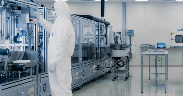 Cleanroom technician in full protective suit operating automated machinery in a pharmaceutical or medical manufacturing facility.