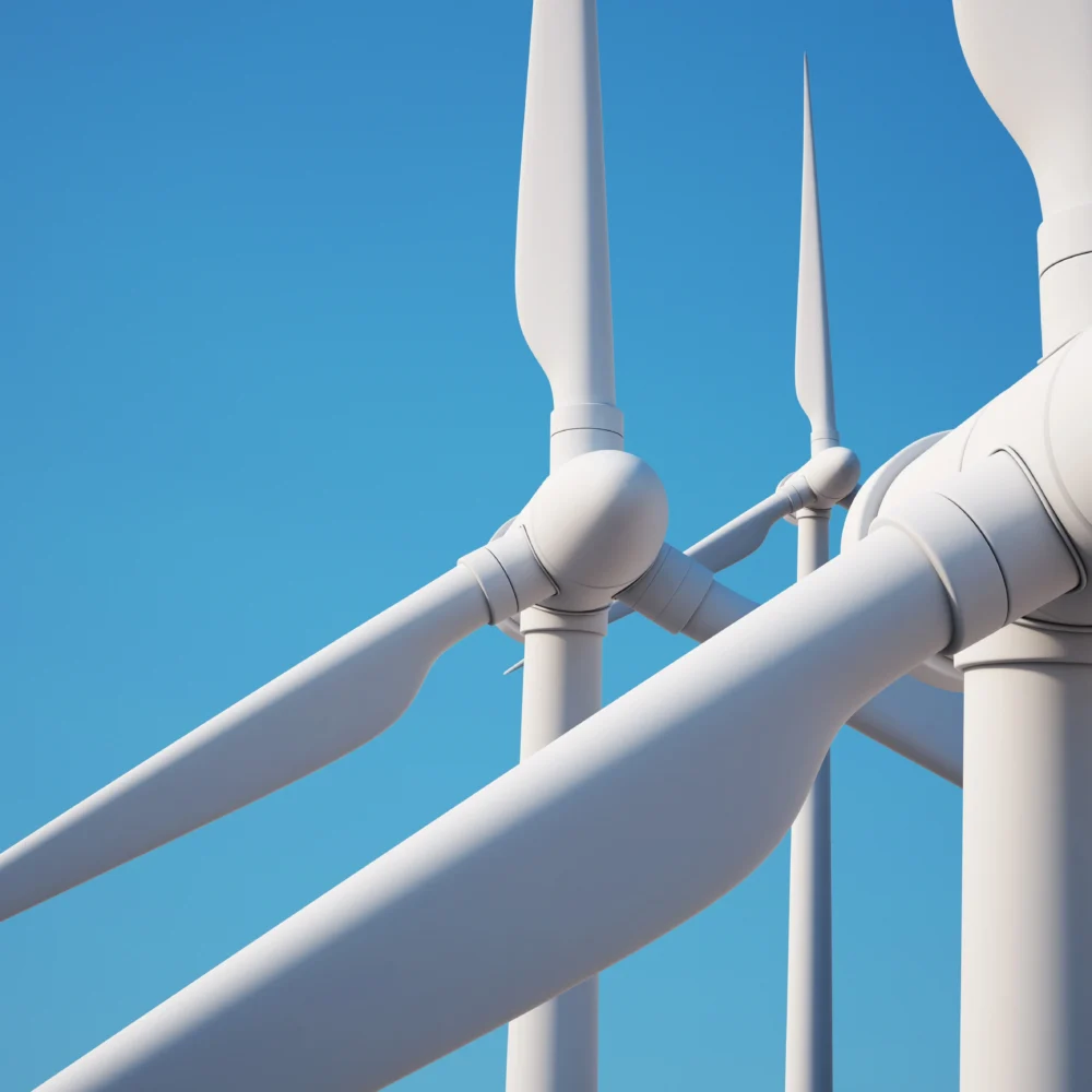 Close-up of wind turbines with large rotating blades against a clear blue sky, representing renewable energy generation.