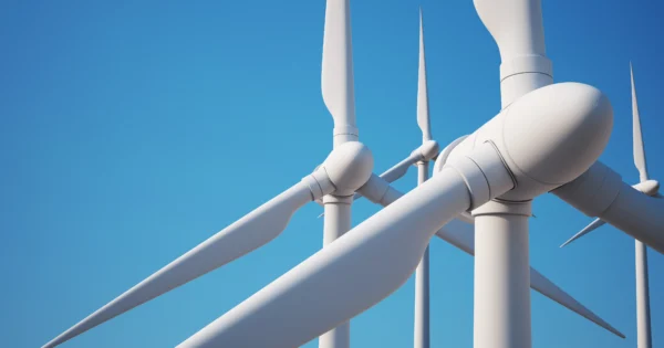 Close-up of wind turbines with large rotating blades against a clear blue sky, representing renewable energy generation.