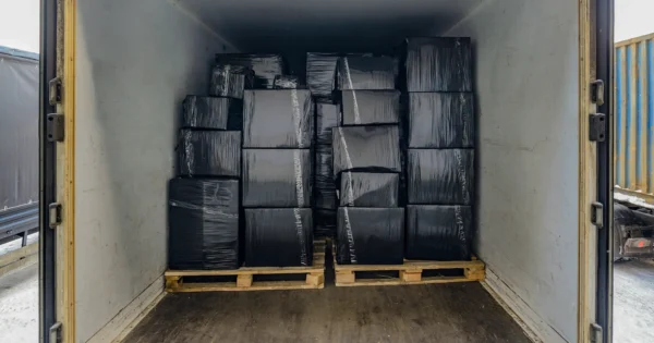 Stacked boxes wrapped in black plastic on pallets inside a shipping container for transport and distribution.