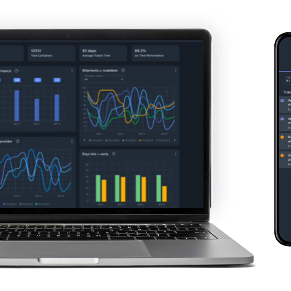 Computador Mac e telefone celular exibindo painéis de controle de 4PL com tecnologia orkestra supply chain orchestration.