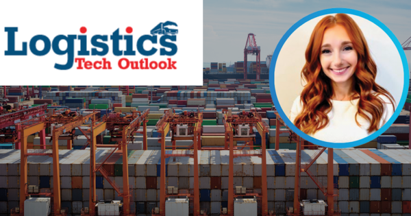 Logo tạp chí Logistics Tech Outlook được hiển thị phía trên một cảng container đông đúc với các container vận chuyển xếp chồng lên nhau và nhiều cần cẩu hàng hóa.