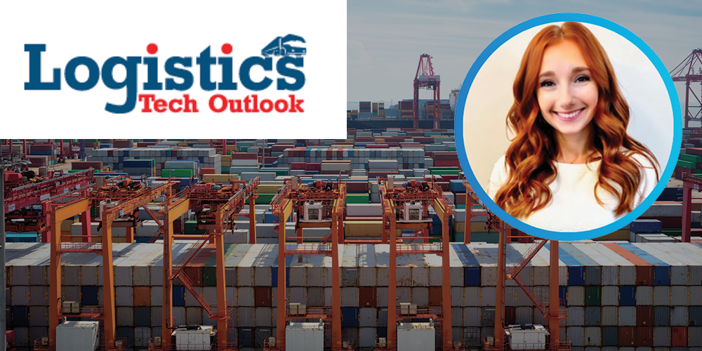 Belebter Hafen und Container mit einem Kopfbild des Autors des Artikels und dem Logo von Logistics Tech Outlook im Vordergrund.