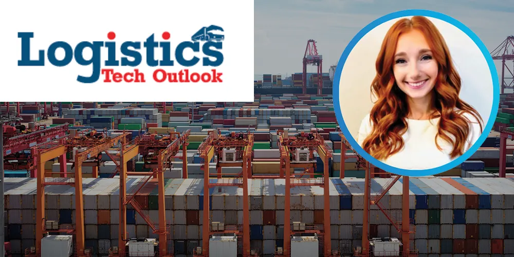 Logistics Tech Outlook magazine logo displayed above a busy container port with stacked shipping containers and multiple cargo cranes.