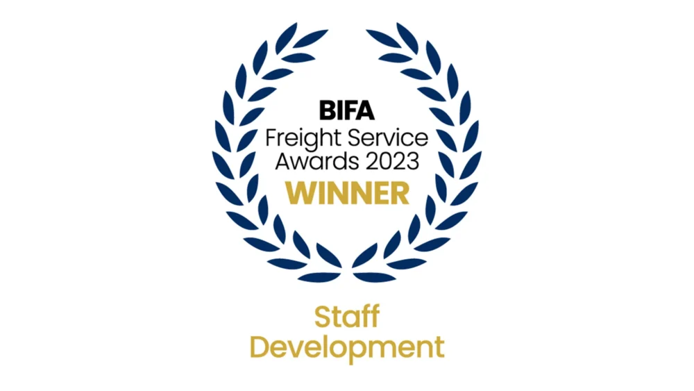 BIFA Freight Service Awards 2023 winner badge for Staff Development with laurel wreath design.