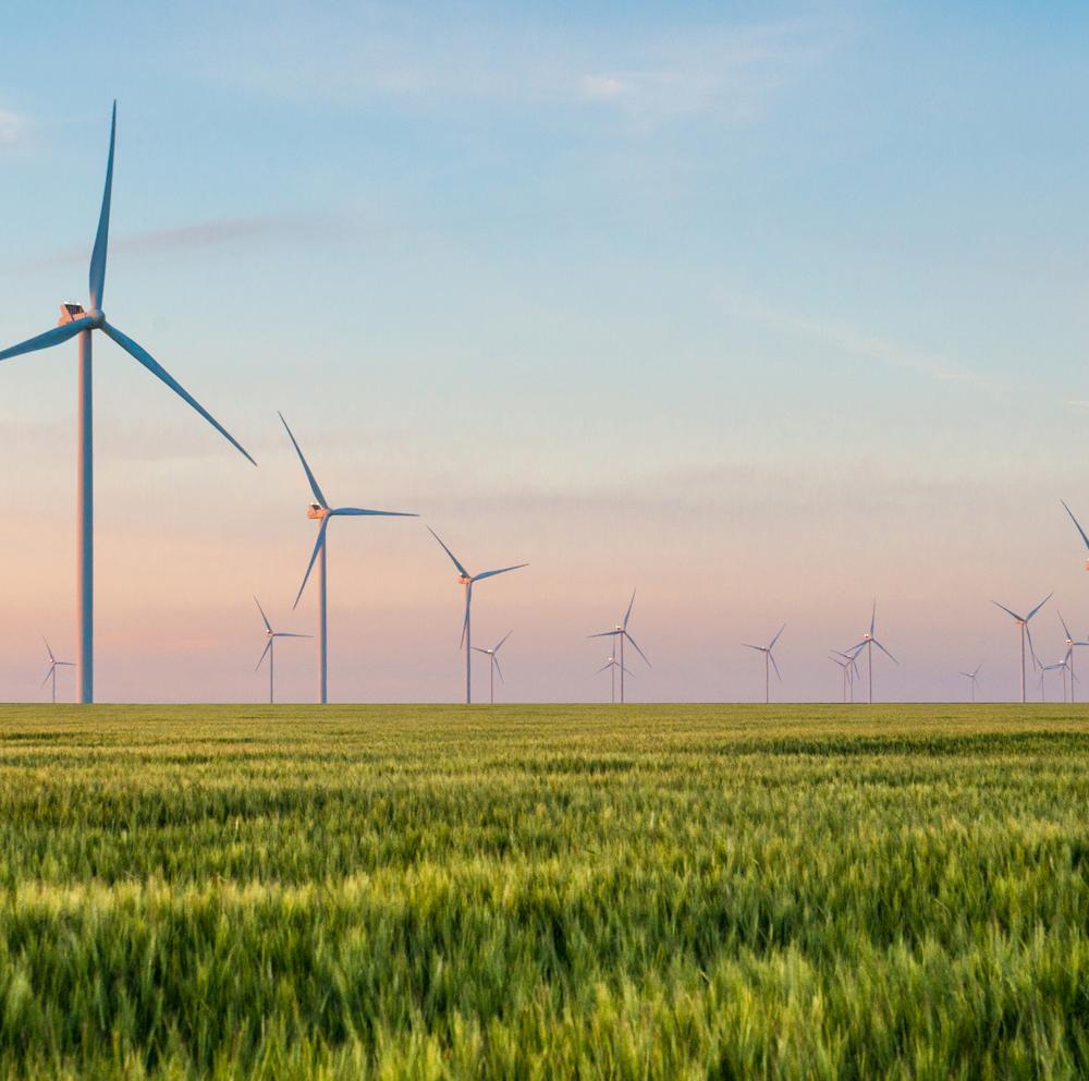 Green energy wind turbines showing alternative energy sources in open field.