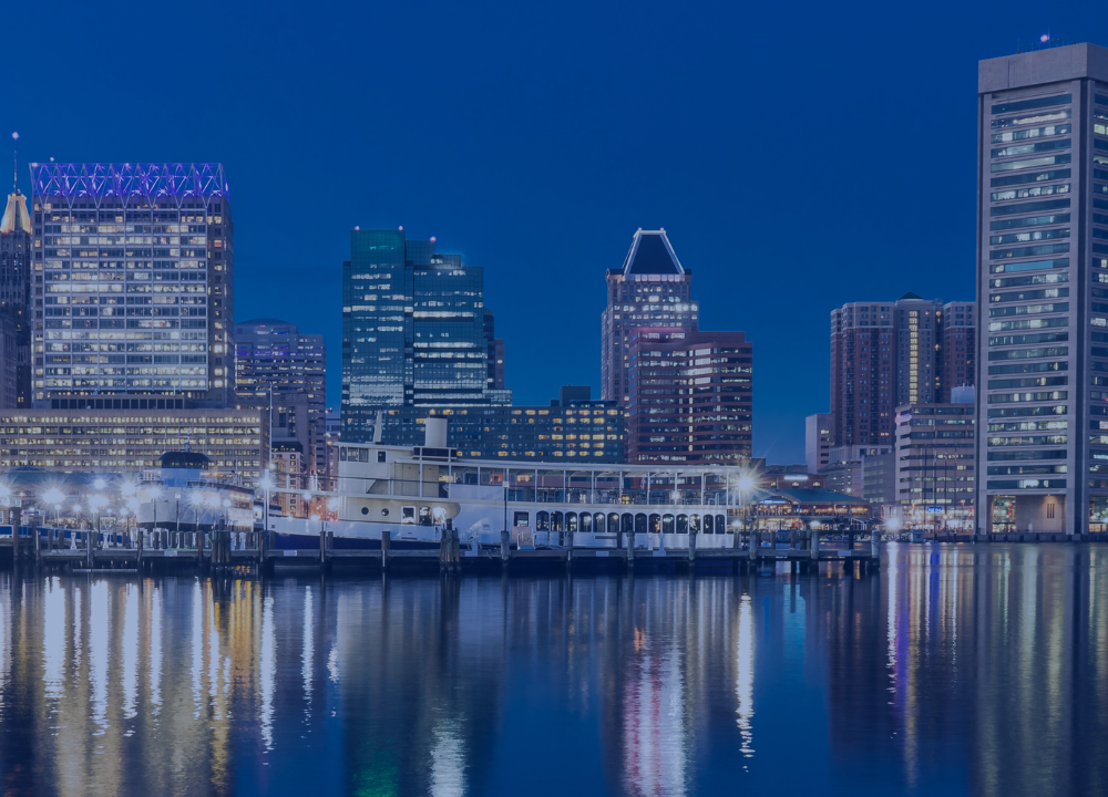 Baltimore downtown harbor and skyline close by where Baltimore bridge collapse occurred.