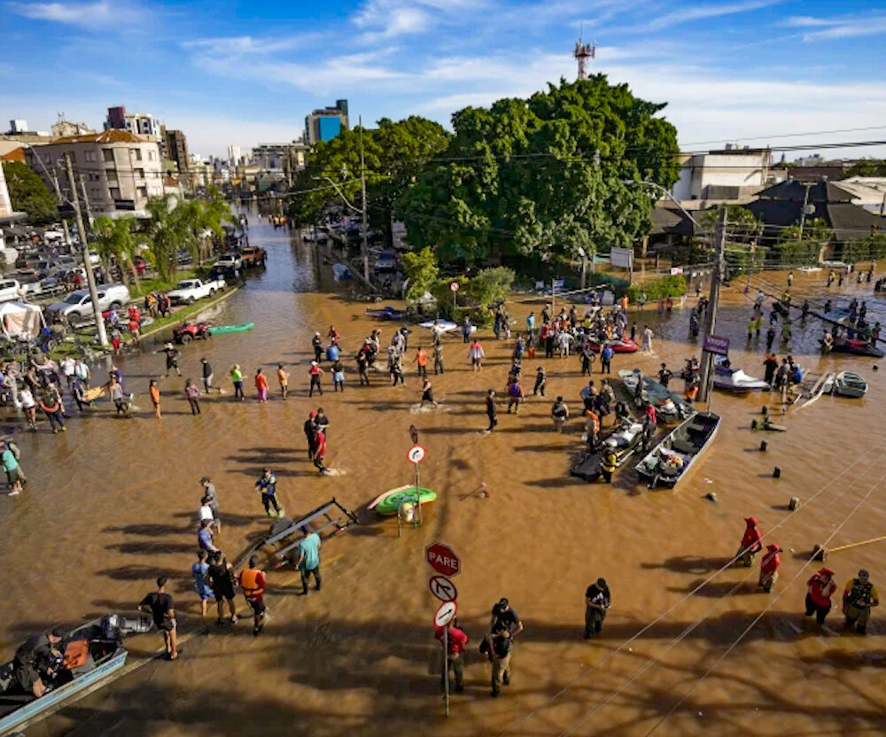 Flooded city streets of Porto Alegre, Rio Grande do Sul region, Brazil.