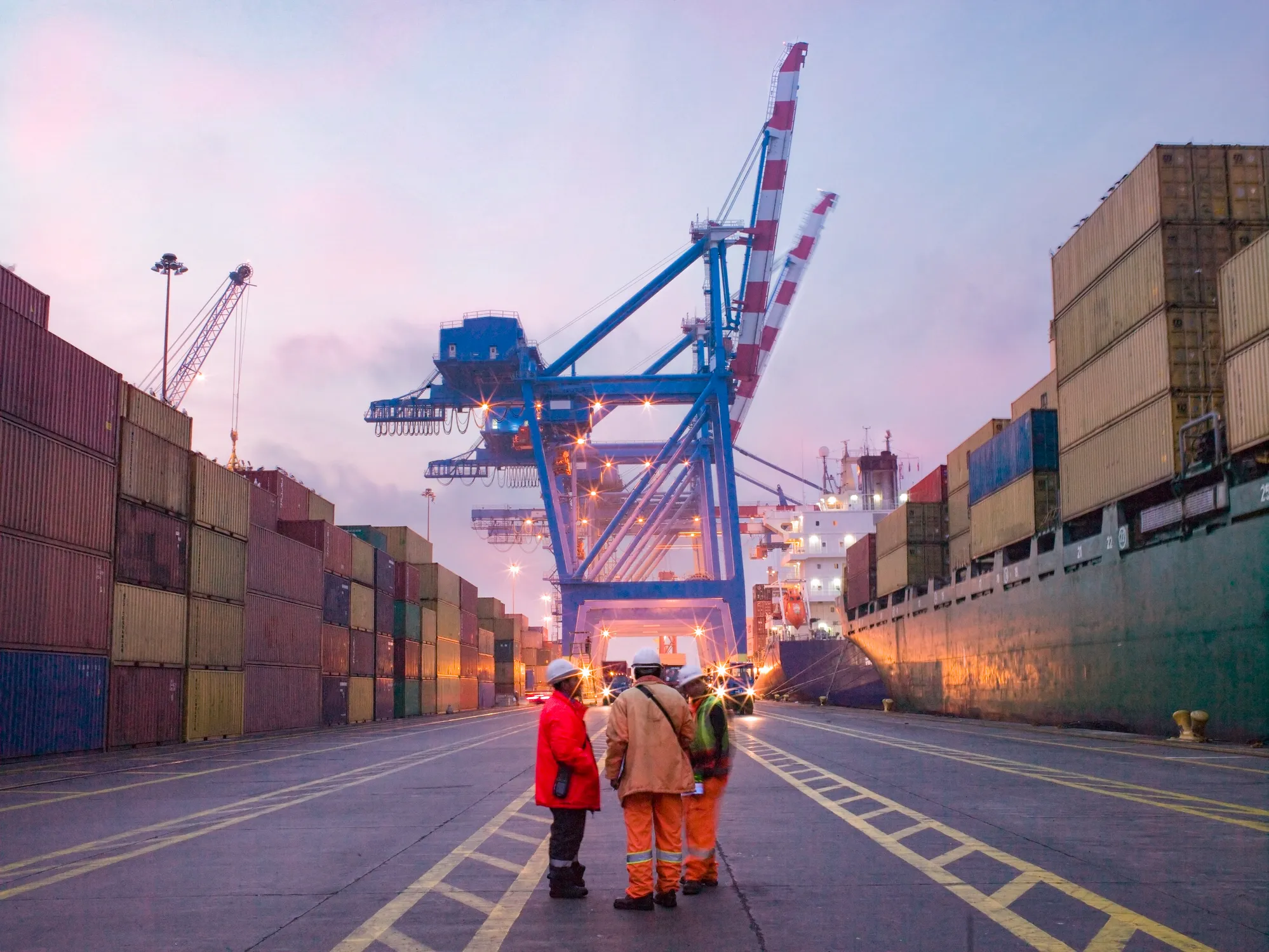 Port workers in safety gear standing between rows of stacked shipping containers with large blue cargo cranes and docked vessels in the background.