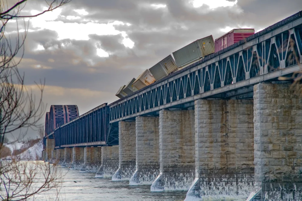 Freight train derailment on a steel railway bridge with multiple cargo containers tipped over above a river under a cloudy sky.