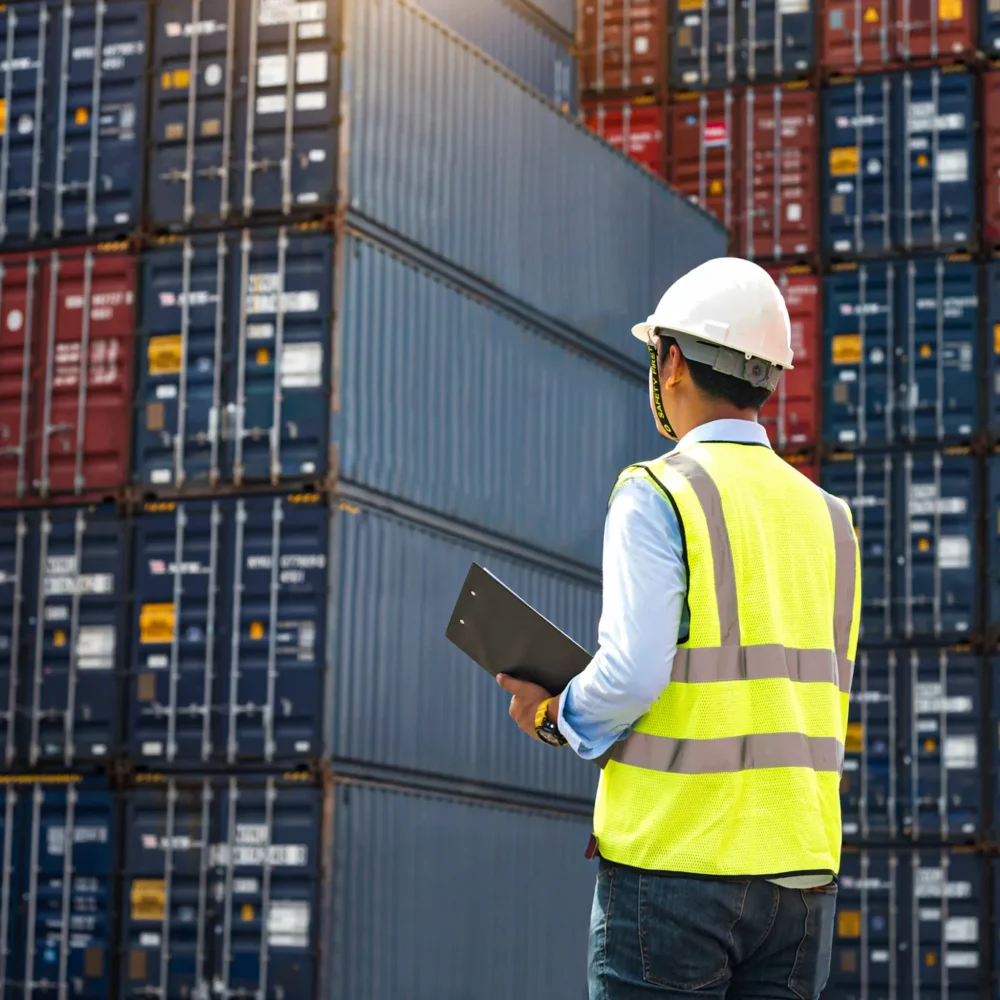Person wearing a safety helmet and high-visibility vest inspecting stacked shipping containers at a port while holding a clipboard.