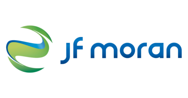 JF Moran company logo with green and blue circular wave design on white background.