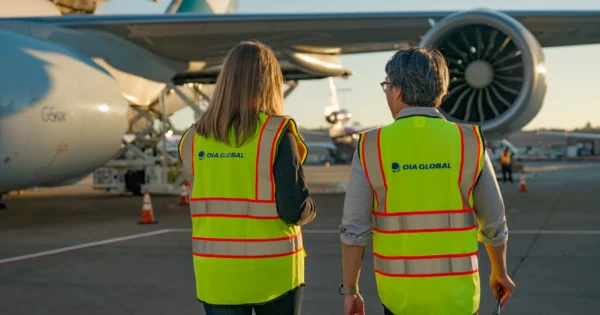 Two logistics professionals wearing high-visibility safety vests walking on an airport tarmac near a large cargo aircraft during air freight operations.