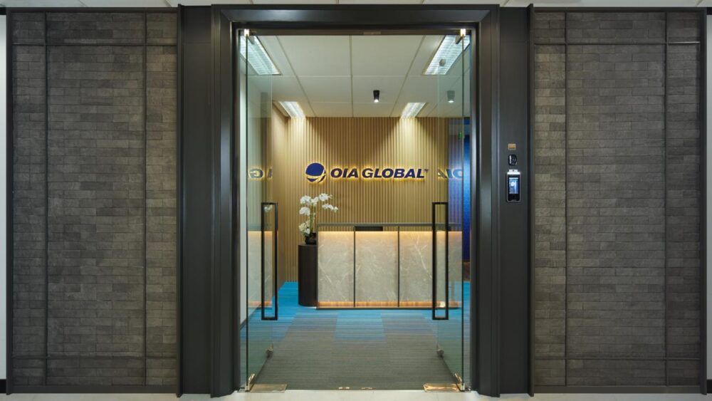 Jakarta freight forwarding office entrance with OIA Global logo.