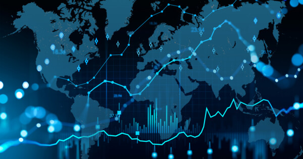 Digital world map with financial graphs, data charts, and glowing blue lines representing global trade, economic trends, and analytics.