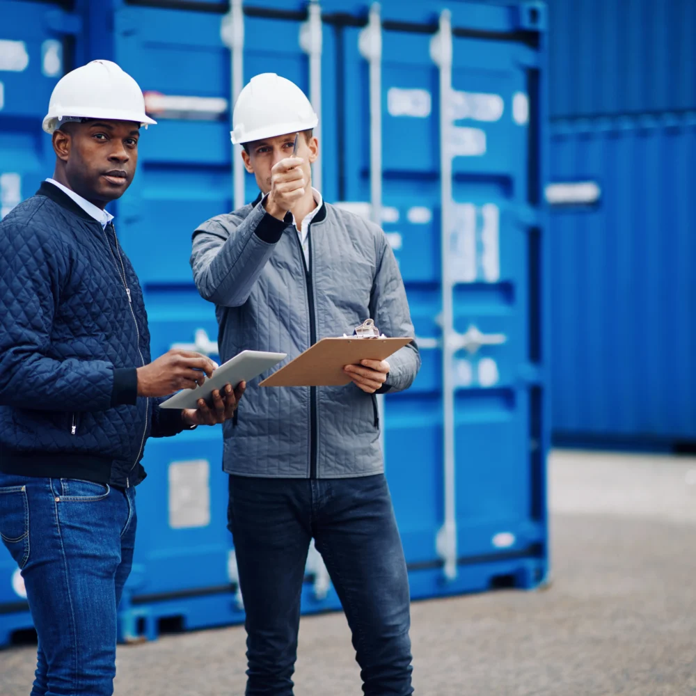 Two workers wearing safety helmets standing in front of blue shipping containers, reviewing documents on a clipboard and tablet at a logistics site.