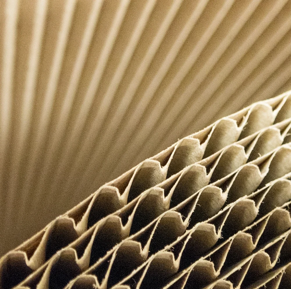 Gros plan sur les couches de carton ondulé montrant la structure ondulée, utilisée dans la conception des emballages pour leur donner de la résistance et de la durabilité.
