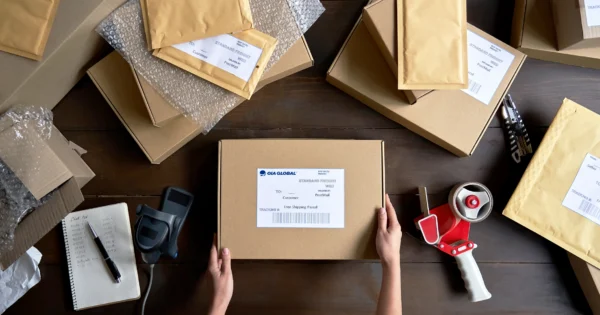 Hands preparing a cardboard shipping box with a printed label on a wooden table surrounded by bubble mailers, tape dispenser, and packing supplies.