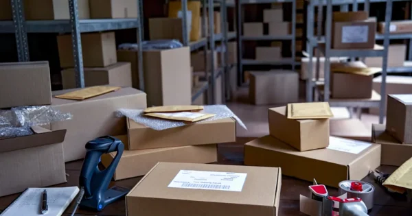 Poste d'emballage en entrepôt avec des boîtes en carton, des enveloppes à bulles, un distributeur de ruban adhésif et un lecteur de codes-barres sur une table, entouré d'étagères de colis.