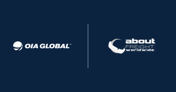 OIA Global and About Freight Worldwide logos displayed side by side on a blue background representing a logistics partnership or acquisition.