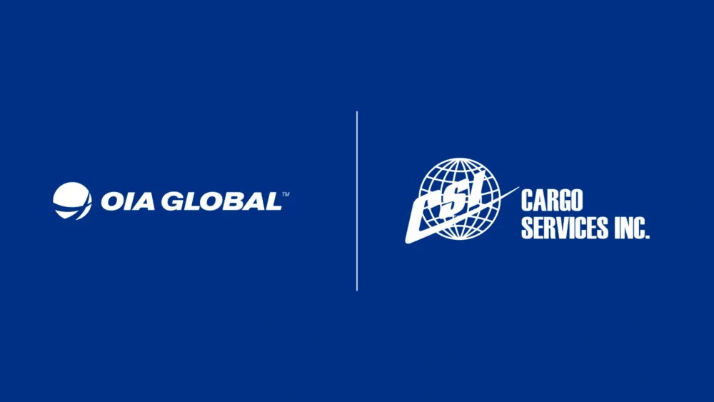 OIA Global and Cargo Services Inc. logos displayed side by side on a blue background representing a logistics acquisition.