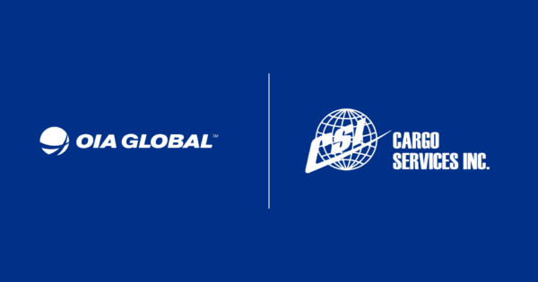 OIA Global and Cargo Services Inc. logos displayed side by side on a blue background representing a logistics acquisition.