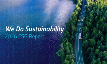 Aerial view of a winding road through a forest alongside a lake with text “We Do Sustainability 2026 ESG Report.”
