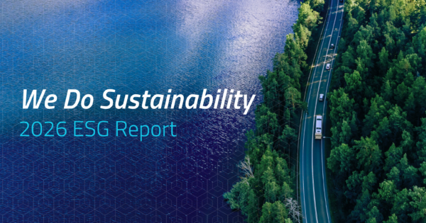 Aerial view of a winding road through a forest alongside a lake with text “We Do Sustainability 2026 ESG Report.”