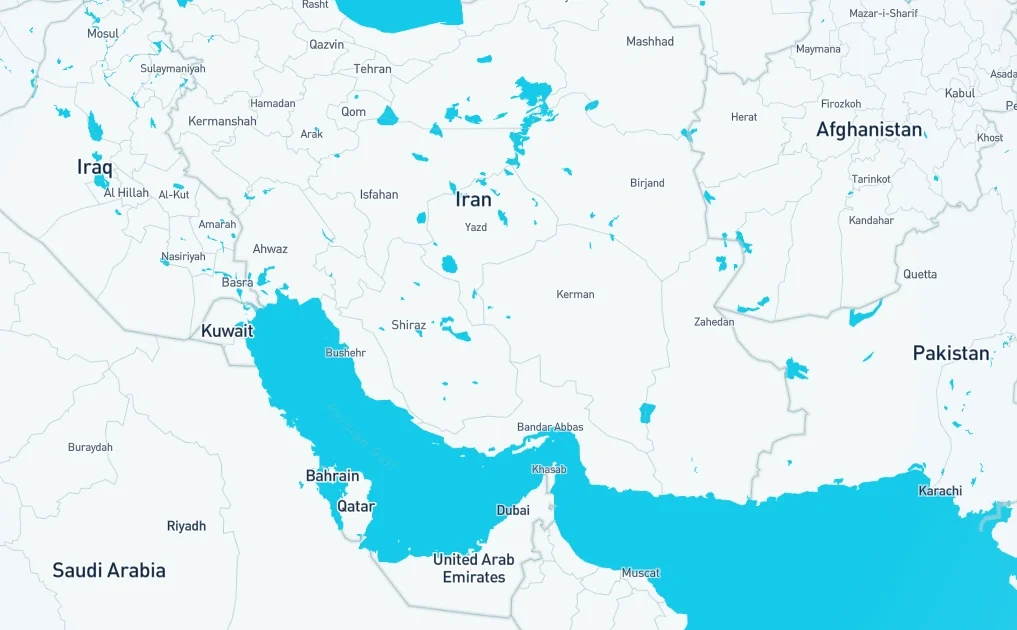 Map of the Middle East highlighting Iran and the Strait of Hormuz with surrounding countries and key shipping routes in the Persian Gulf region.