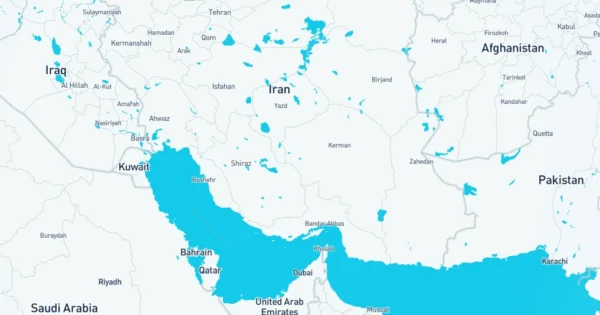 Map of the Middle East supply chain showing Iran, the Gulf of Oman, and the Strait of Hormuz with surrounding countries and key shipping routes in the Persian Gulf region.