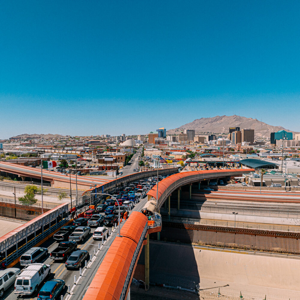 Cross border USA Mexico trucking on Nuevo Laredo bidirectional bridge.
